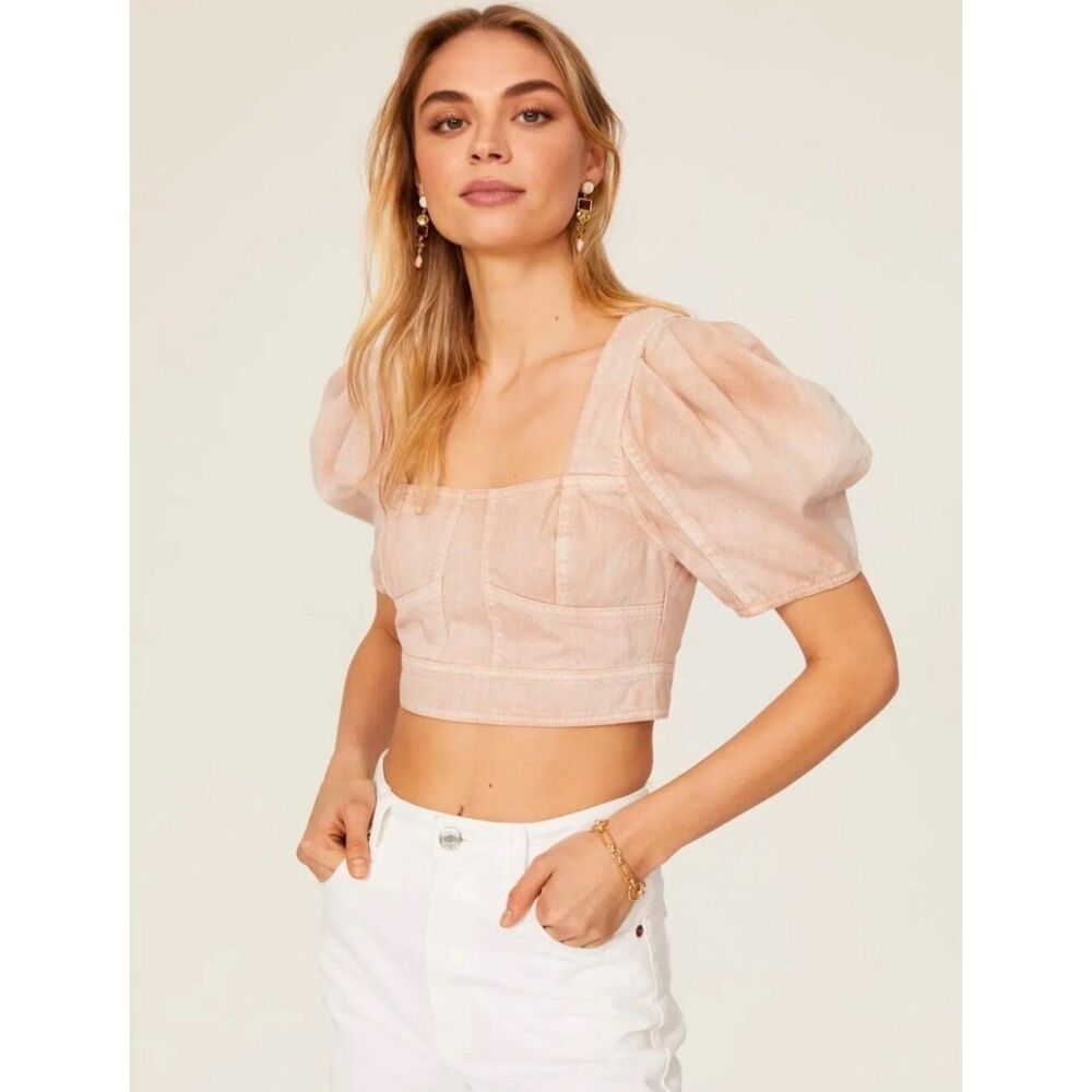 Ulla Johnson Renee Sweetbriar Denim Crop Top Size 8 Light Pink Puff Sleeves